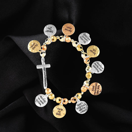 STRETCH BRACELET 10 COMMANDMENTS SIDEWAY CROSS 3 TONE