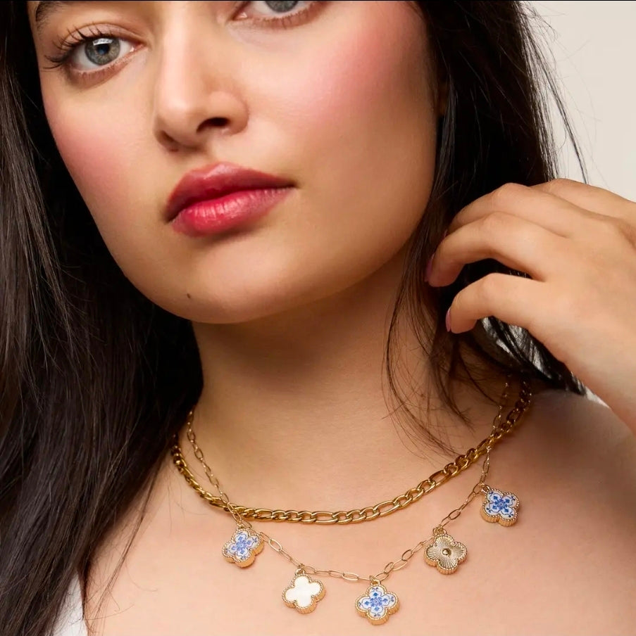 Blue Floral & Pearl Clover Charm Necklace