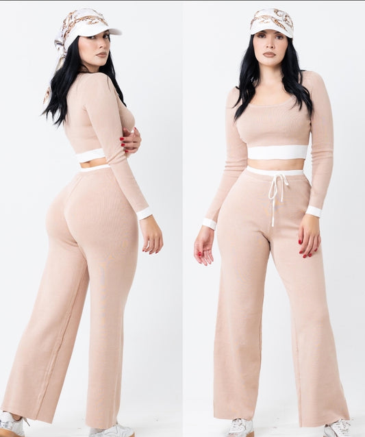 Mia Crop Top and Pants Set Nude