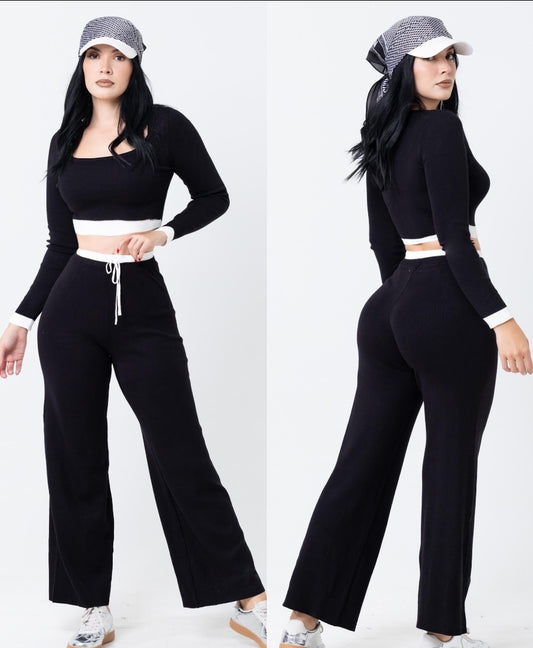 Mia Crop Top and Pants Set Black