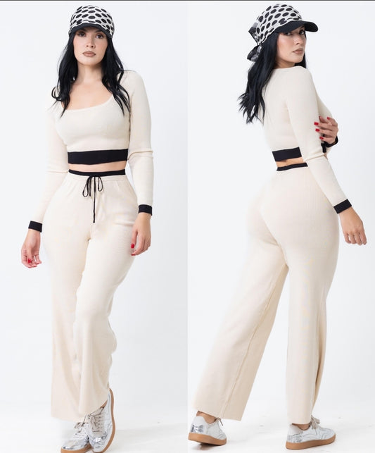 Mia Crop Top and Pants Set Beige