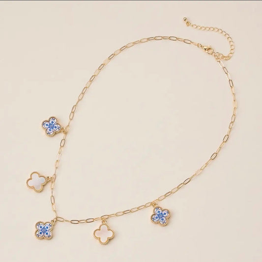 Blue Floral & Pearl Clover Charm Necklace