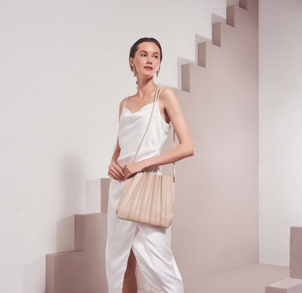 Carrie Pleated Vegan Shoulder Bag - Bone