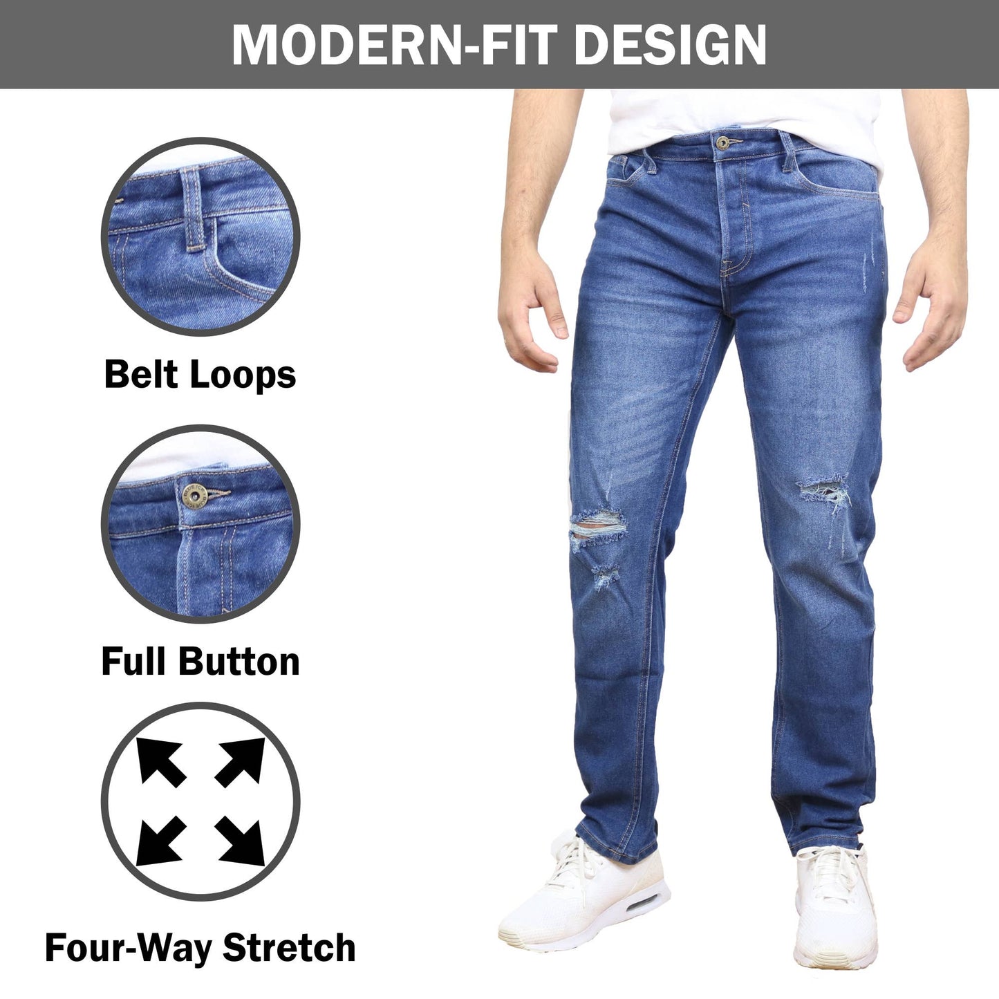 Men's Stretch Ripped Jeans: Medium Wash