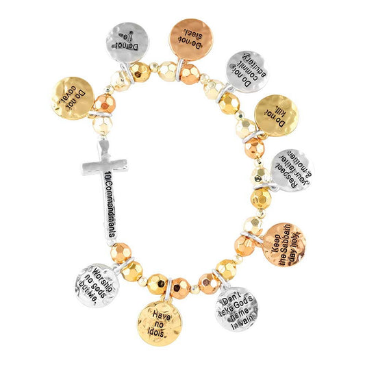 STRETCH BRACELET  10 COMMANDMENTS SIDEWAY CROSS 3 TONE