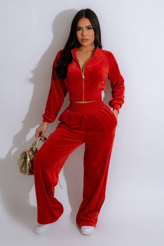 Velour Bomber Jacket & Pants Set -  Scarlet