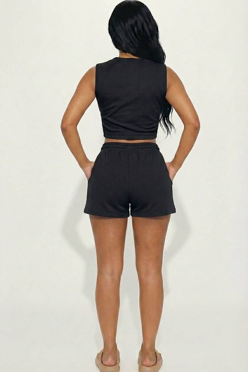 Cotton French Terry Crop Top & Shorts Set: Taupe / M