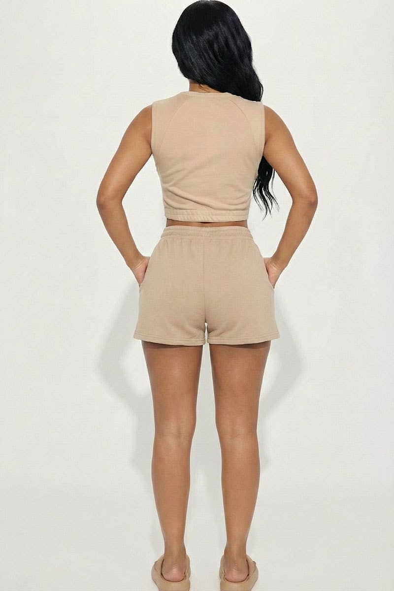 Cotton French Terry Crop Top & Shorts Set: Taupe / S