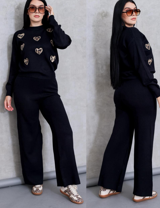 Heart Print Pant Set - Black
