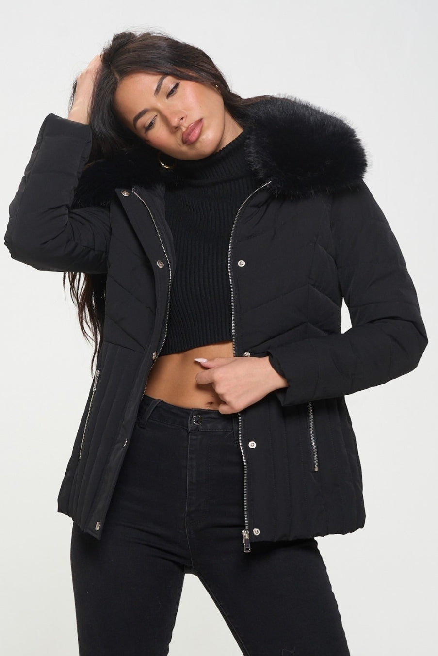 Street Style Puffer Coat with Removeable Faux Fur Collar