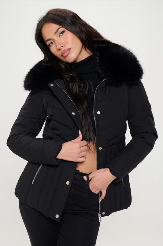 Street Style Puffer Coat with Removeable Faux Fur Collar