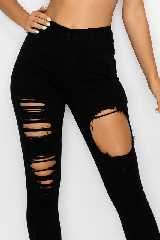 Sylvia - High Rise Hole Destructed Skinny Jeans Black