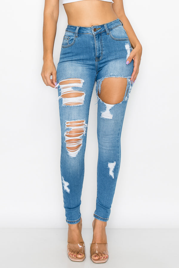 Sylvia - High Rise Hole Destructed Skinny Jeans Light Wash – M