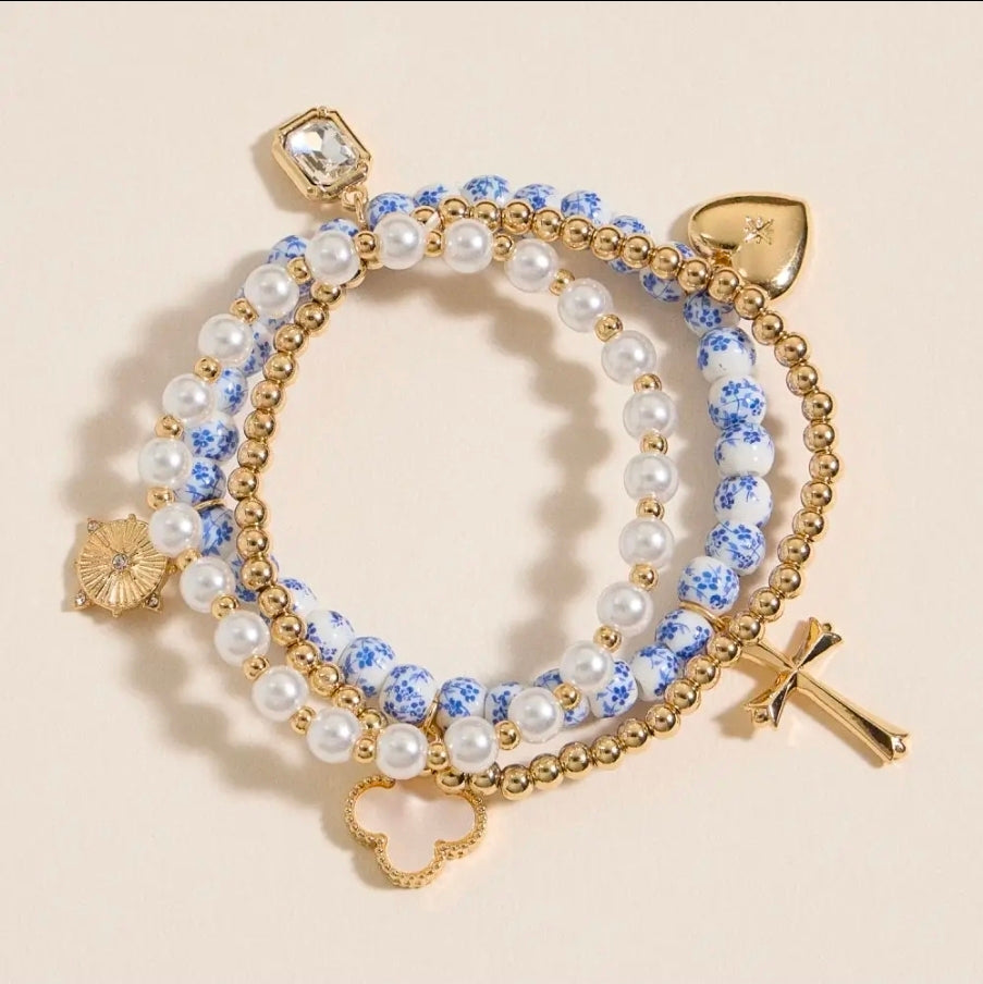 Floral Charm Stretch Bracelet Set - Blue