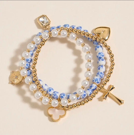 Floral Charm Stretch Bracelet Set - Blue