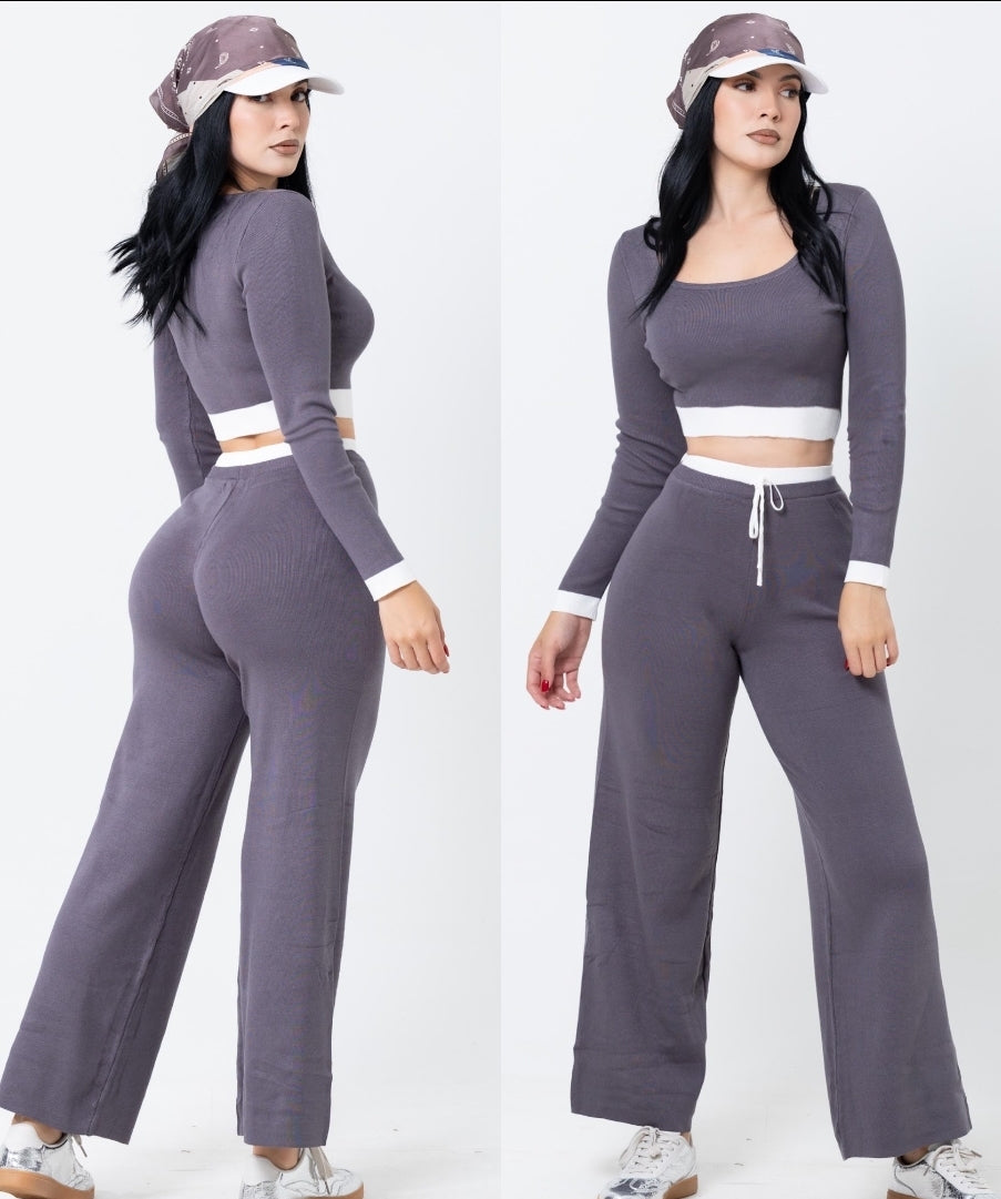 Mia Crop Top and Pants Set Grey