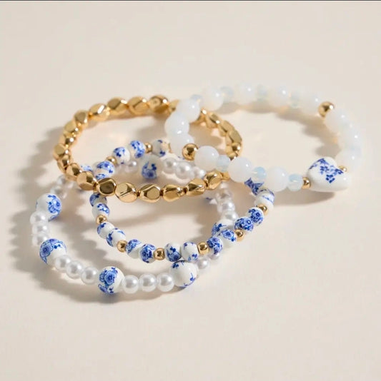 Blue Floral Beaded Bracelet Set