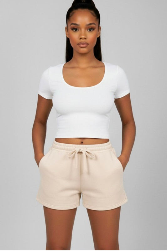 All Day Elastic Waistband Shorts  - Beige