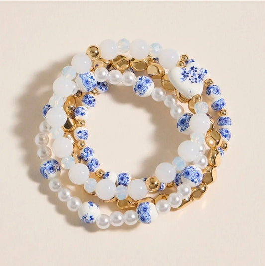 Blue Floral Beaded Bracelet Set
