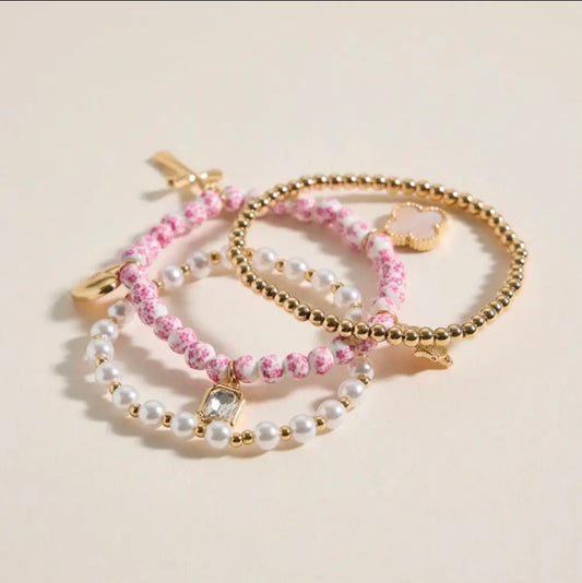 Floral Charm Stretch Bracelet Set - Pink