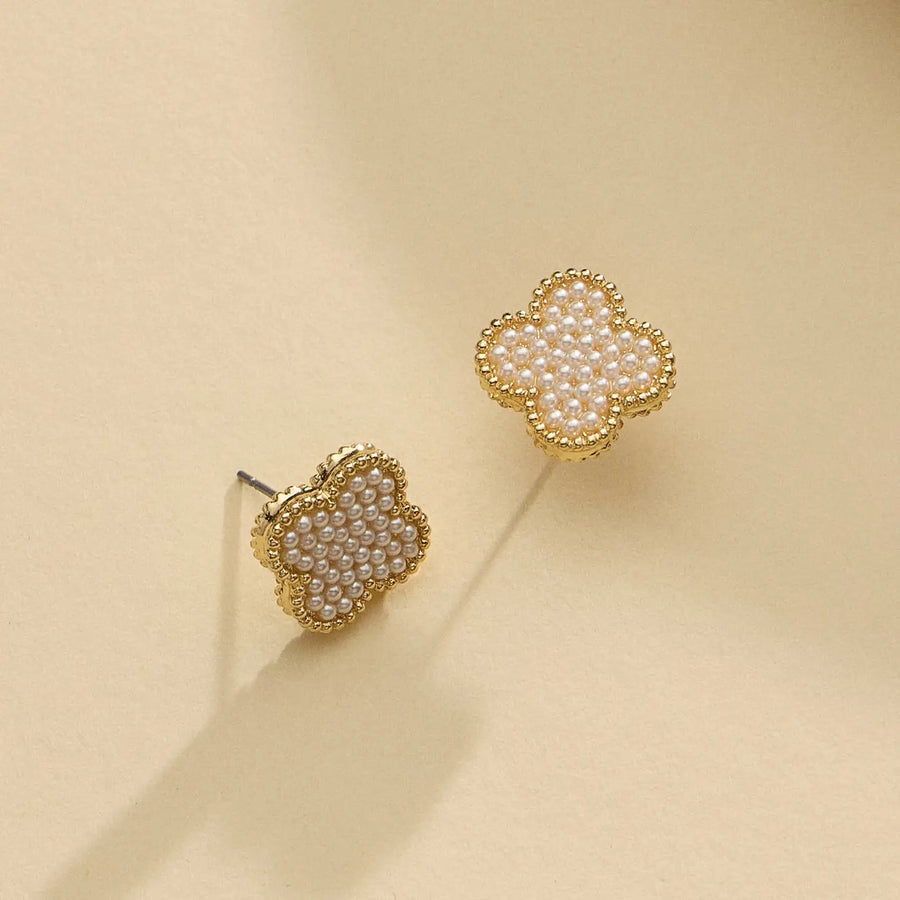 Elegant Pearl Quatrefoil Shape Stud Earrings