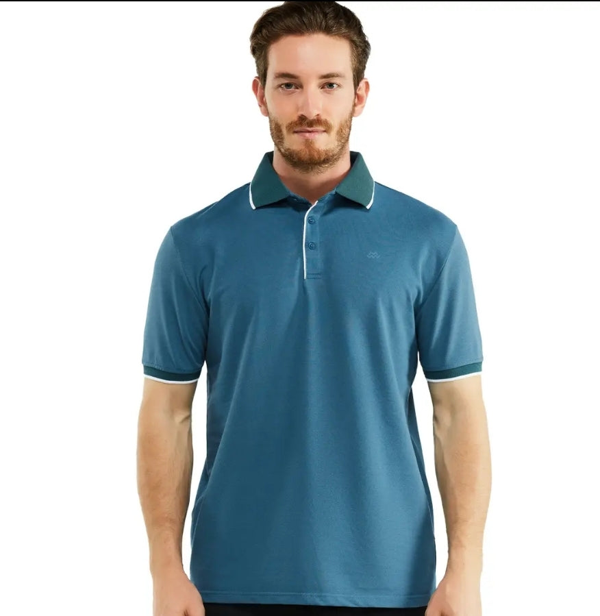 Men's Classic Fit Polo Shirt with Contrast Collar - Aegean Blue