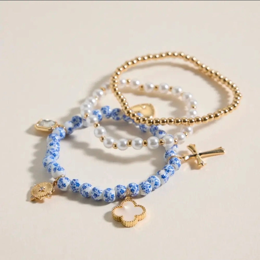 Floral Charm Stretch Bracelet Set - Blue