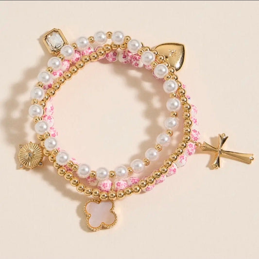 Floral Charm Stretch Bracelet Set - Pink