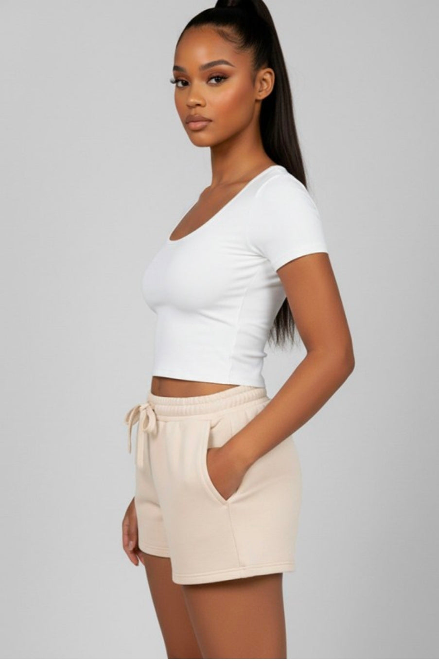 All Day Elastic Waistband Shorts  - Beige