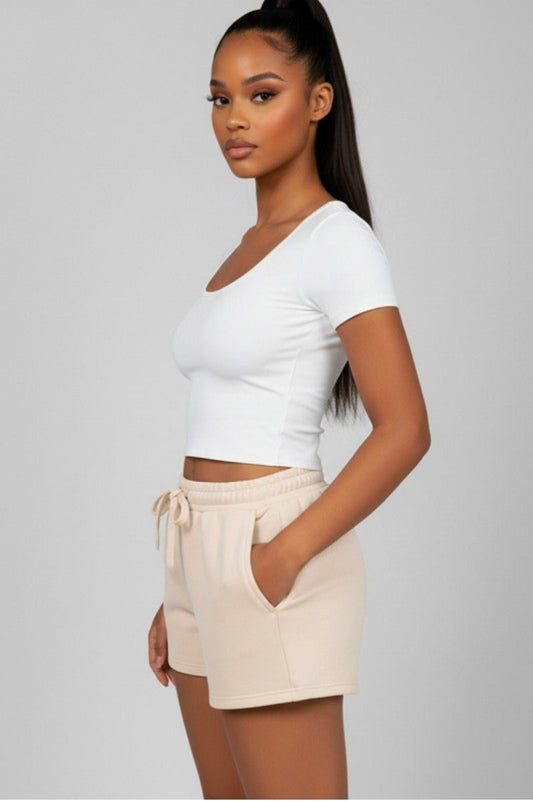 All Day Elastic Waistband Shorts  - Beige