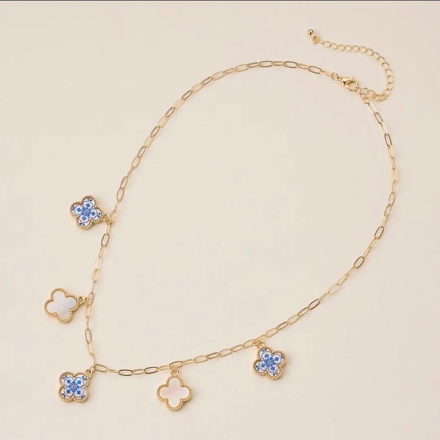 Blue Floral & Pearl Clover Charm Necklace