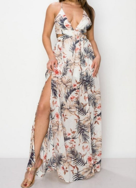 Tropical Chiffon Maxi Dress - Ivory