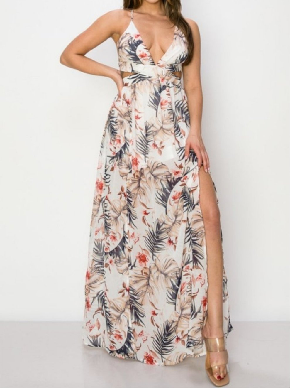 Tropical Chiffon Maxi Dress - Ivory