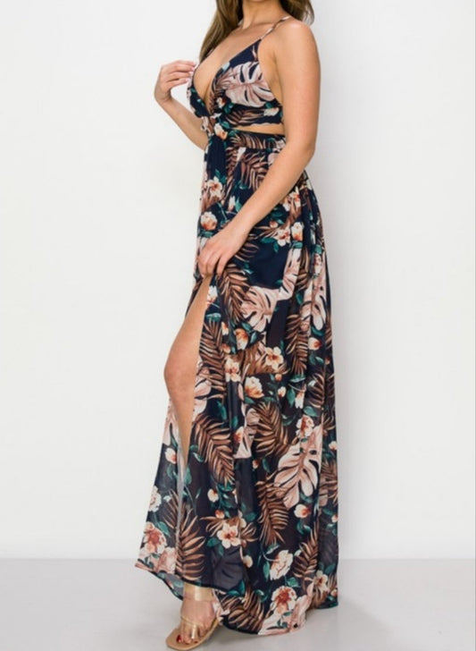 Tropical Chiffon Maxi Dress - Navy