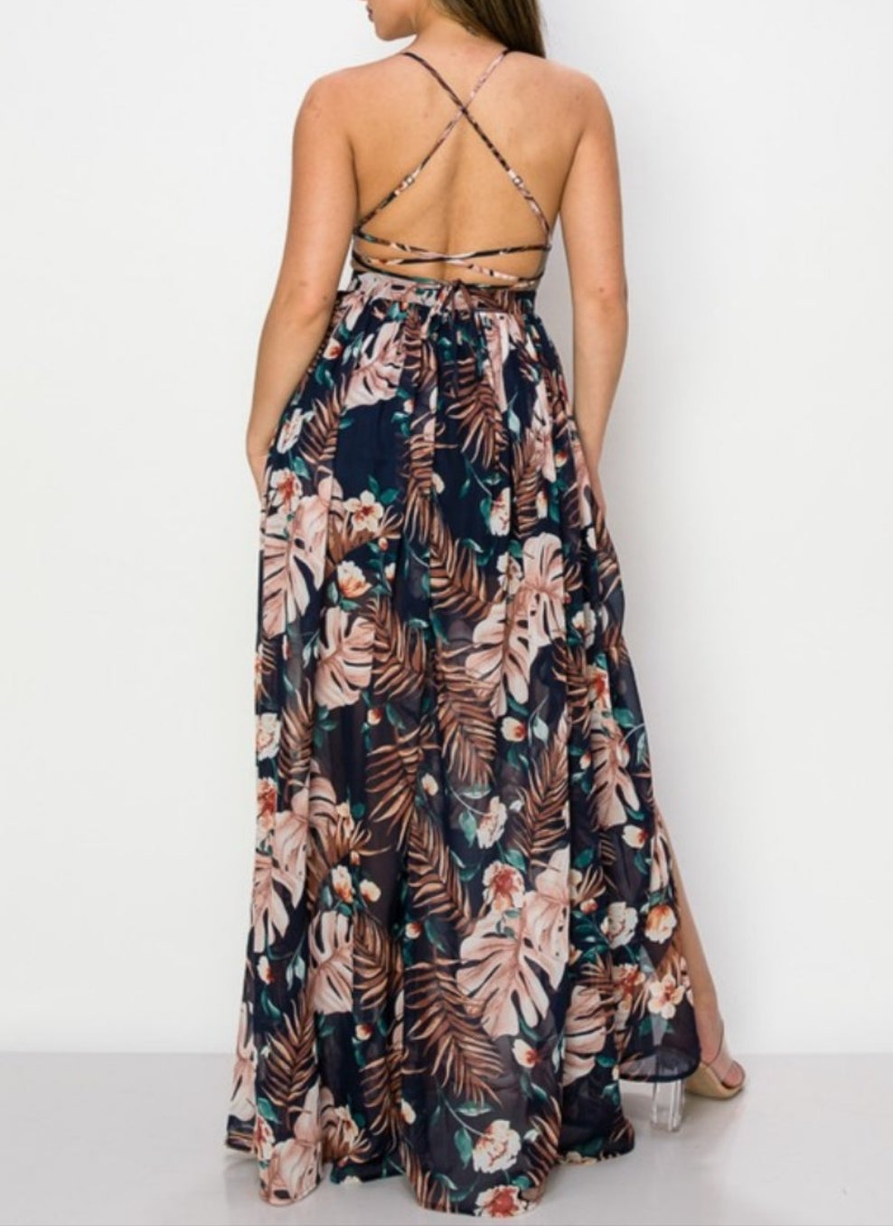 Tropical Chiffon Maxi Dress - Navy