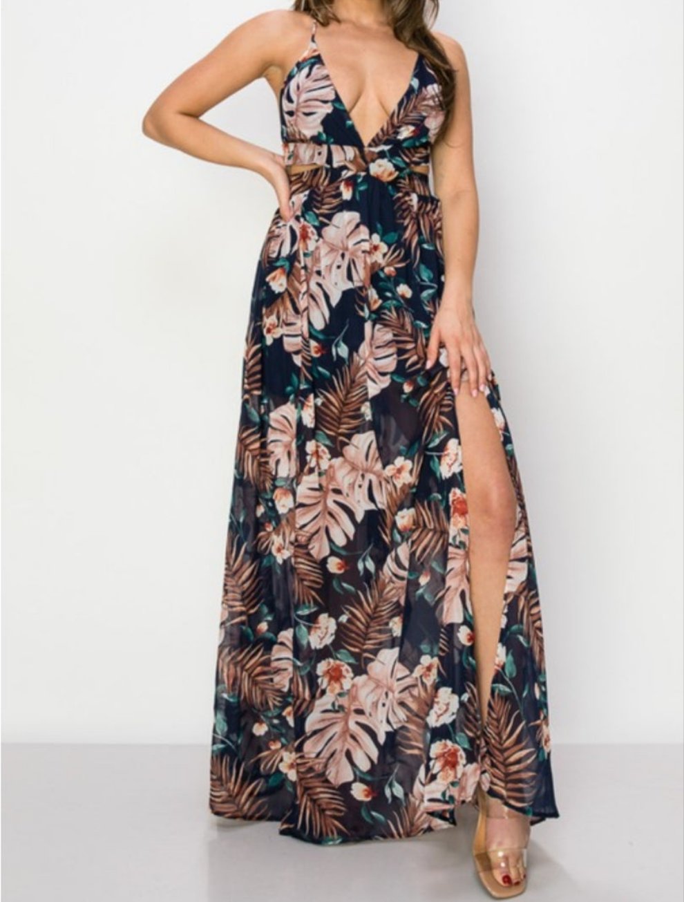 Tropical Chiffon Maxi Dress - Navy